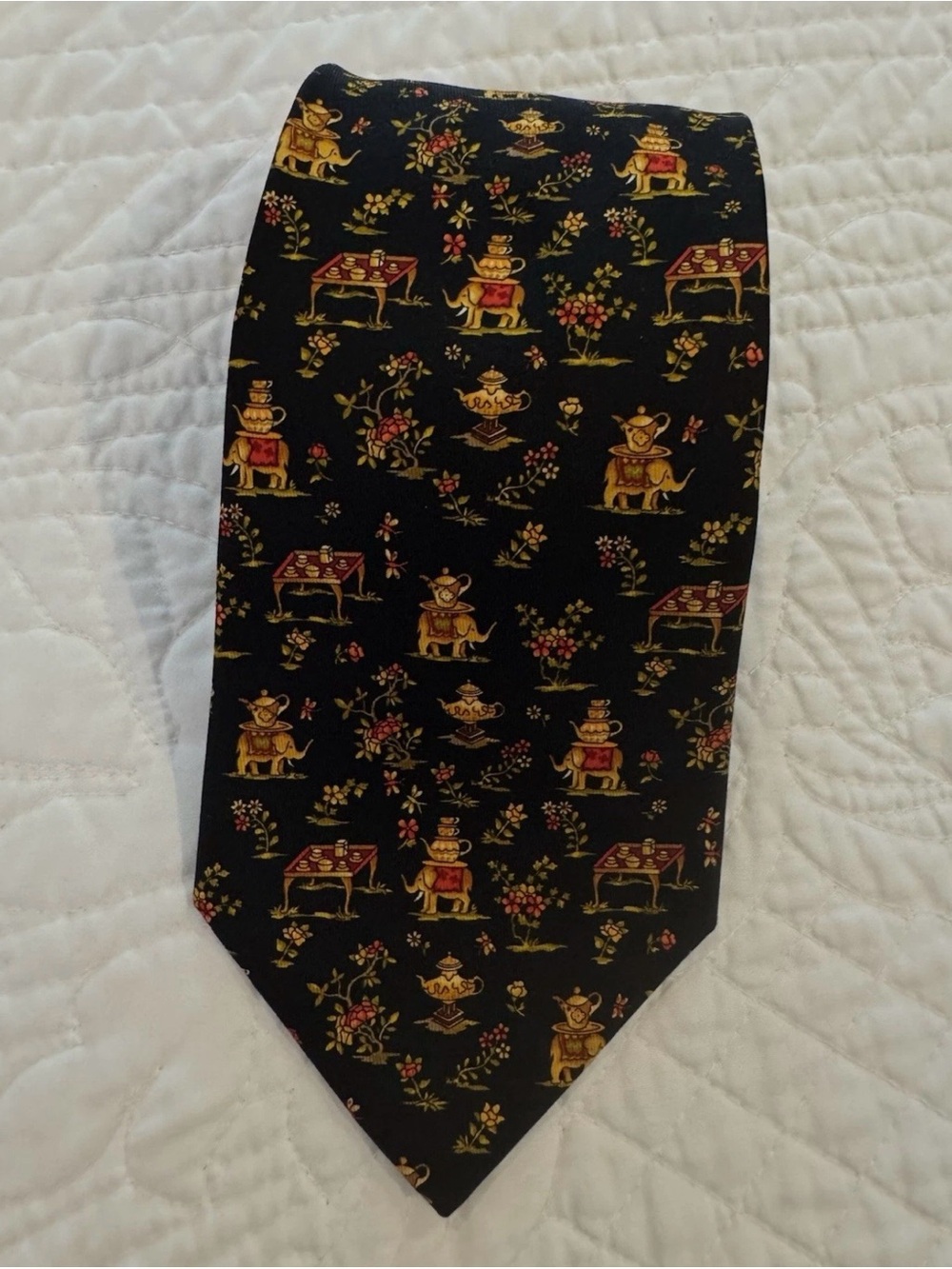 Salvatore Ferragamo Black Silk Tie Elephant Tea Party Made in Italy